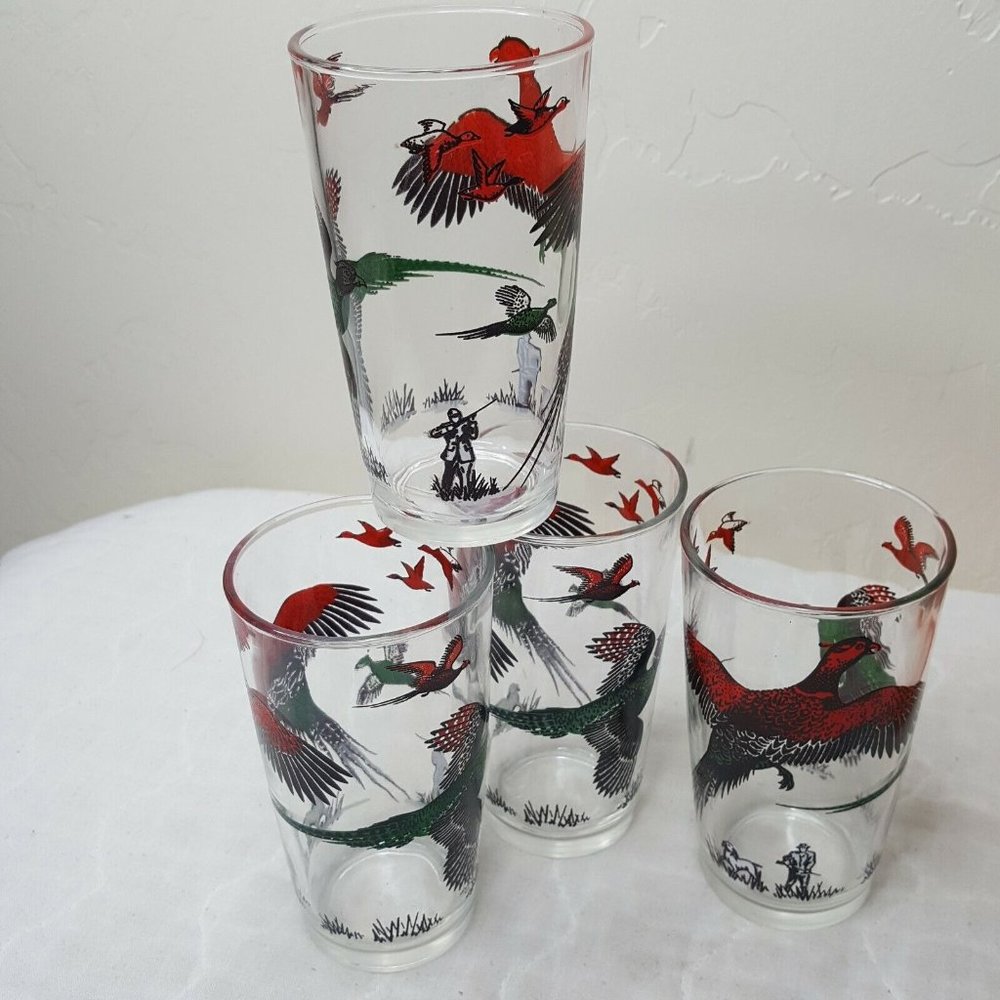 Pheasant Hunter Drinking Cocktail Glasses Set Of 4  Mid Century Modern MCM 5.25”